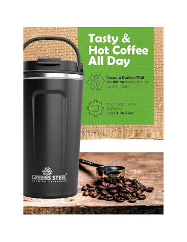 Taza de Café Aislada Greens Steel 350 ml Negra Acero Inoxidable