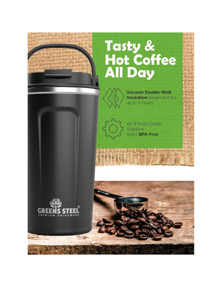 Taza de Café Aislada Greens Steel 350 ml Negra Acero Inoxidable