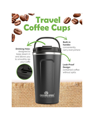 Taza de Café Aislada Greens Steel 350 ml Negra Acero Inoxidable