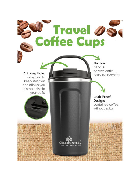 Taza de Café Aislada Greens Steel 350 ml Negra Acero Inoxidable
