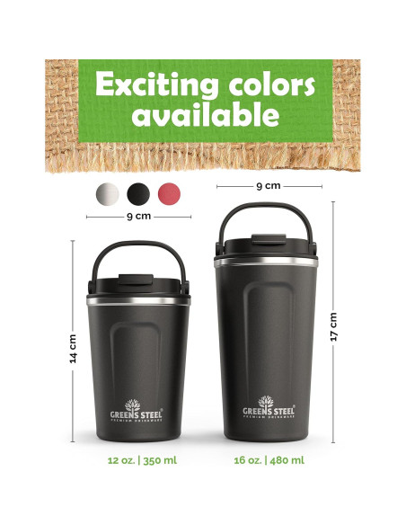 Taza de Café Aislada Greens Steel 350 ml Negra Acero Inoxidable