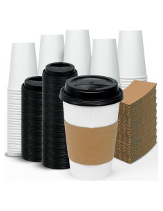 Tazas de Café Desechables Ginkgo 16 oz con Tapas y Mangas - 100 Unidades