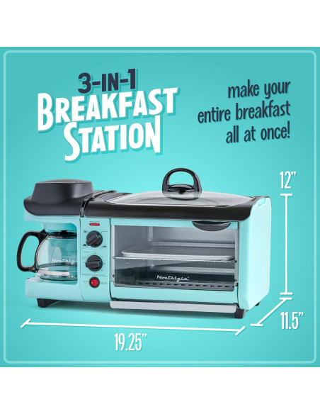 Estación de Desayuno 3-en-1 Nostalgia Aqua - Cafetera 6 Tazas, Plancha y Horno Tostador