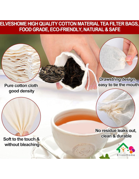 100 Bolsas de Filtro de Té Reutilizables ElvesHome 3x4"