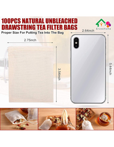 100 Bolsas de Filtro de Té Reutilizables ElvesHome 3x4"