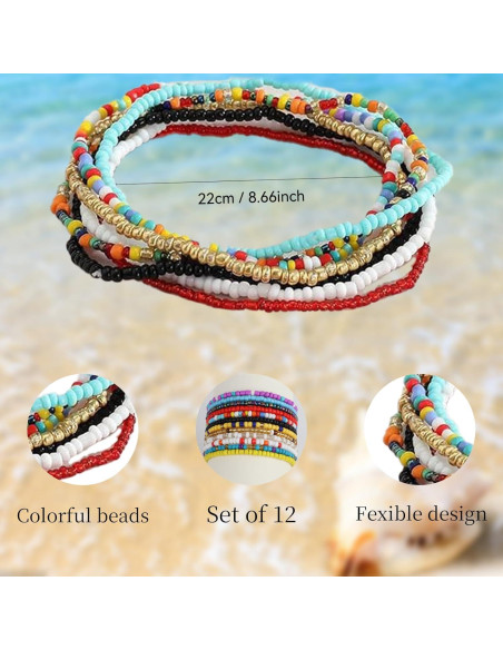 Conjunto 12 Pulseras de Tobillo Elásticas Boho Coloridas para Mujeres
