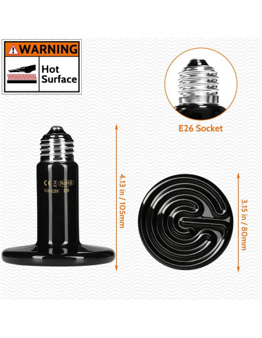 Lámpara de Calor Cerámica HARTOMPET 75W para Reptiles - Negro