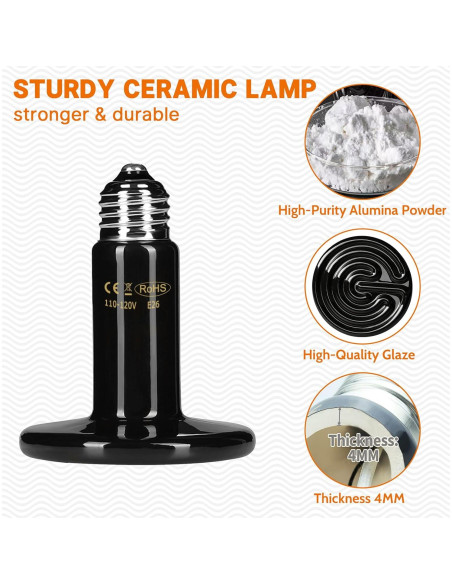 Lámpara de Calor Cerámica HARTOMPET 75W para Reptiles - Negro