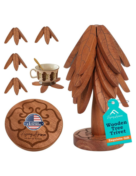 Juego de Trivetes de Madera FLYING APSARAS - 4 Piezas en Forma de Árbol