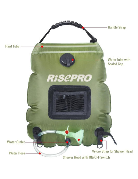 Bolsa de Ducha Solar RISEPRO 20L Calentamiento 45C Camping