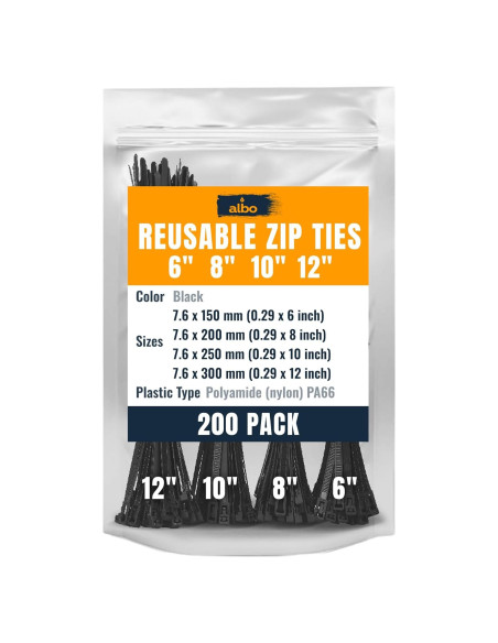 Bridas Reutilizables ALBO 200 Piezas 150-300 mm Resistentes UV Bridas Reutilizables ALBO 200 Piezas 150-300 mm Resistentes UV