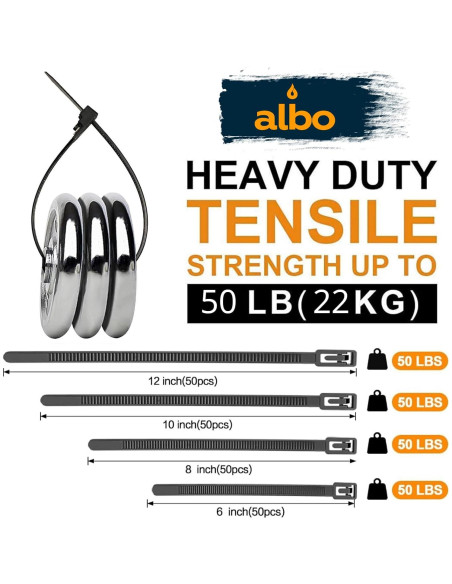 Bridas Reutilizables ALBO 200 Piezas 150-300 mm Resistentes UV Bridas Reutilizables ALBO 200 Piezas 150-300 mm Resistentes UV