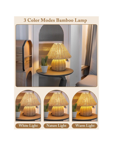 Lámpara de Mesa Boho Quipzora de Ratan 3 Modos de Color 26.9cm