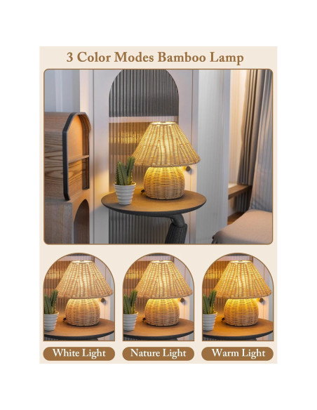 Lámpara de Mesa Boho Quipzora de Ratan 3 Modos de Color 26.9cm