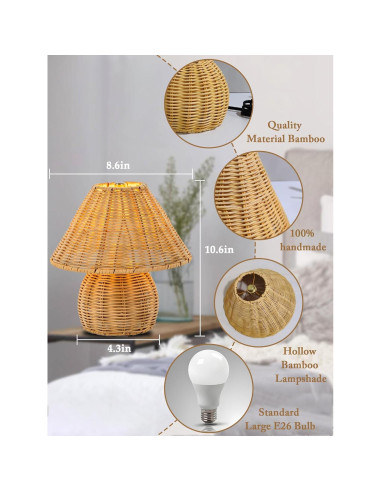 Lámpara de Mesa Boho Quipzora de Ratan 3 Modos de Color 26.9cm