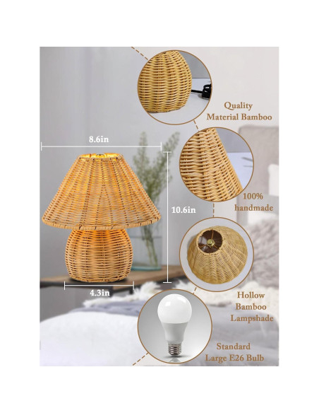 Lámpara de Mesa Boho Quipzora de Ratan 3 Modos de Color 26.9cm