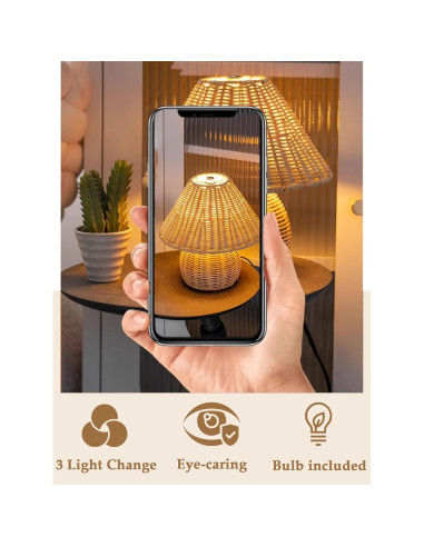 Lámpara de Mesa Boho Quipzora de Ratan 3 Modos de Color 26.9cm