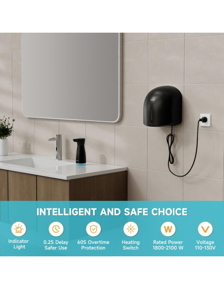 Secador de Manos AIKE AK2637 Templado Bajo Ruido 1500W Negro