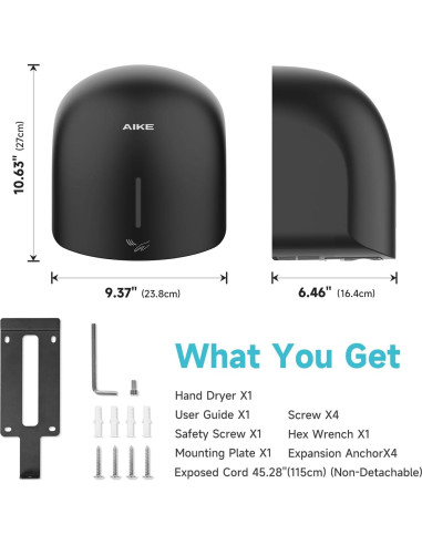 Secador de Manos AIKE AK2637 Templado Bajo Ruido 1500W Negro