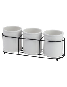 Juego de 3 Tarros de Gres Blanco con Soporte de Metal Negro