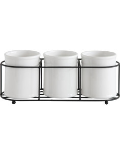 Juego de 3 Tarros de Gres Blanco con Soporte de Metal Negro 2