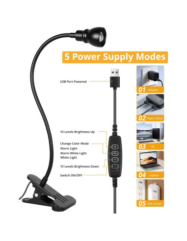 Luz de lectura LED Qeeltek con clip y 3 modos de color