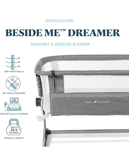 Cuna Lateral Baby Delight Dreamer | Ajuste 6 Alturas | Gris