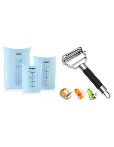 Conjunto de Tazas Medidoras de Silicona Deiss PRO 3 Pzas + Pelador