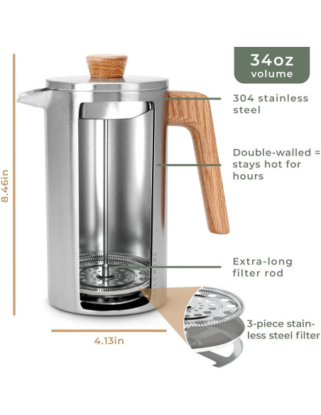 Prensa Francesa WALDWERK 1000 ml - Cafetera Acero Inoxidable Doble Pared