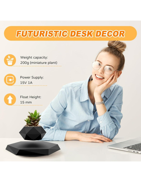 Maceta Flotante Ltwil Hexagonal Negra con Levitación Magnética