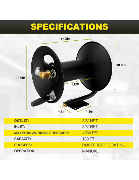 Carrete de Manguera de Alta Presión YEHERIT 30m 4000 PSI