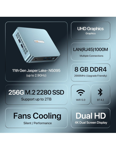 Mini PC PELADN WI-4 N5095, 8GB RAM, 256GB SSD, Doble Pantalla 4K