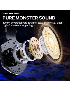 Auriculares Gaming Inalámbricos Monster Mission 300, 2.4GHz/Bluetooth, Sonido 7.1, 48H Batería 2