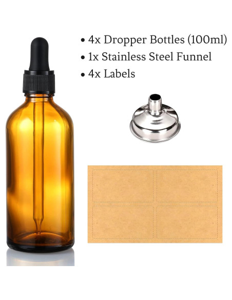 AOZITA 4 Botellas Goteo 100ml Ámbar con Embudo y Etiquetas