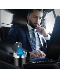 Cenicero de coche Genérico con tapa y luz LED azul - Acero inoxidable 2