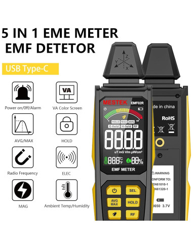 Medidor de Radiación EMF MESTEK 5 en 1 Recargable 20cm