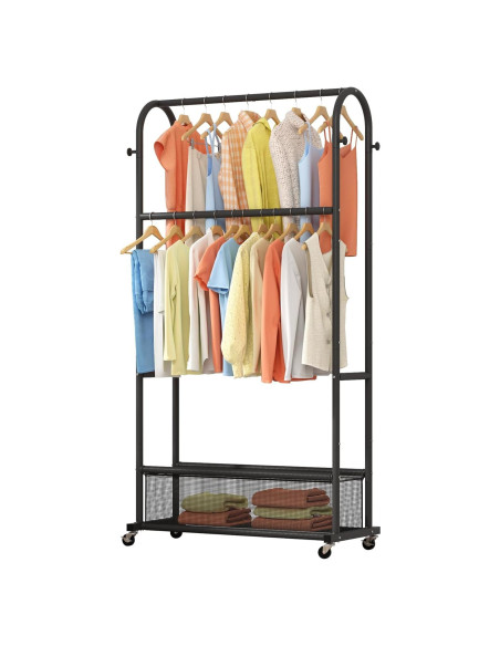 Perchero de Ropa MOYIPIN Doble Barra con Ruedas Negro 4 Ganchos