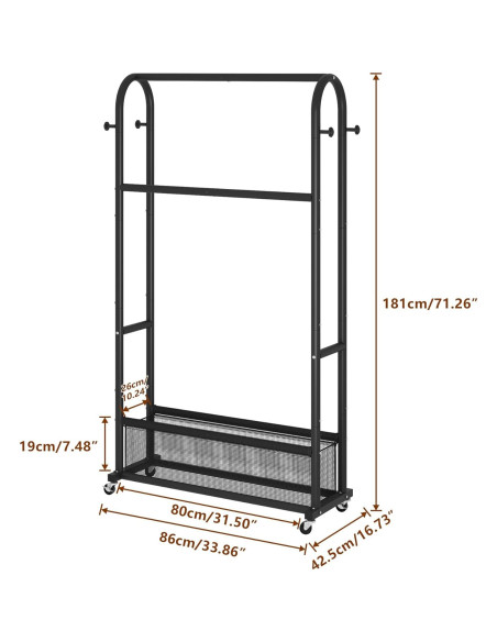 Perchero de Ropa MOYIPIN Doble Barra con Ruedas Negro 4 Ganchos