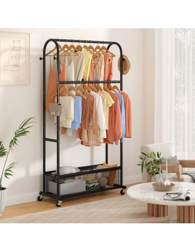 Perchero de Ropa MOYIPIN Doble Barra con Ruedas Negro 4 Ganchos