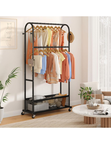 Perchero de Ropa MOYIPIN Doble Barra con Ruedas Negro 4 Ganchos