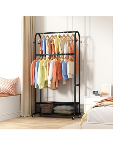 Perchero de Ropa MOYIPIN Doble Barra con Ruedas Negro 4 Ganchos