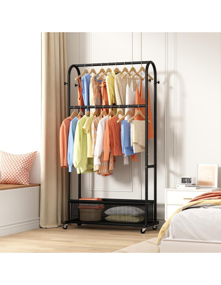 Perchero de Ropa MOYIPIN Doble Barra con Ruedas Negro 4 Ganchos