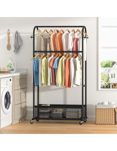 Perchero de Ropa MOYIPIN Doble Barra con Ruedas Negro 4 Ganchos