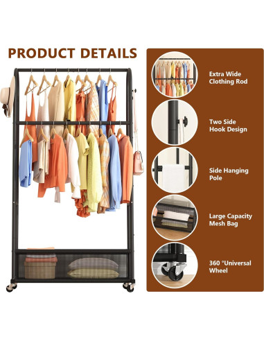 Perchero de Ropa MOYIPIN Doble Barra con Ruedas Negro 4 Ganchos