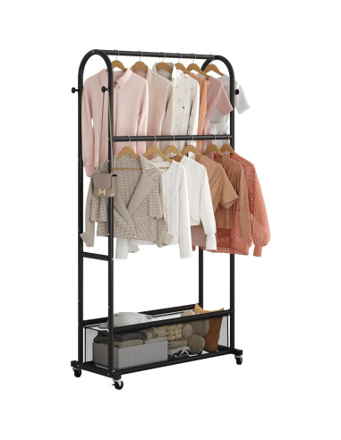 Perchero de Ropa MOYIPIN Doble Barra con Ruedas Negro 4 Ganchos