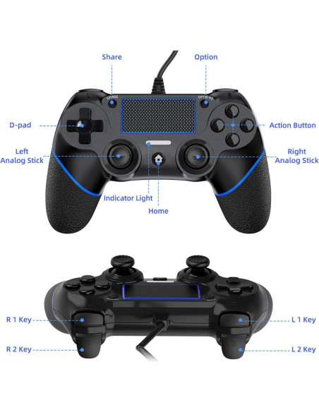 Controlador con cable DIANVEN para PS4 y PC - Negro