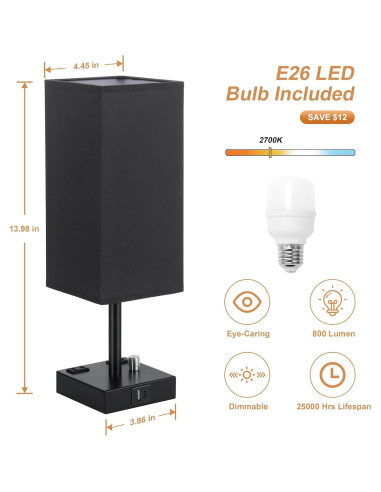 Juego de 2 lámparas de mesa regulables Aooshine negras con USB