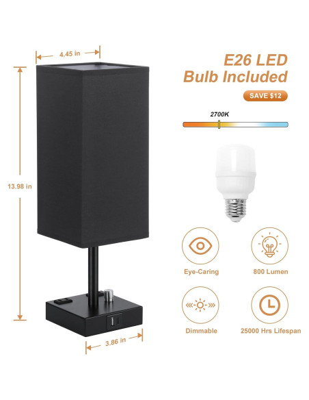 Juego de 2 lámparas de mesa regulables Aooshine negras con USB