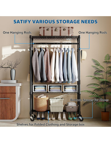 Carro de Ropa Rodante M MZG 3 Niveles Ajustable Negro 340kg