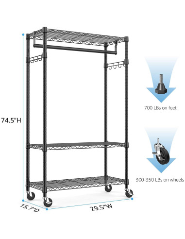 Carro de Ropa Rodante M MZG 3 Niveles Ajustable Negro 340kg
